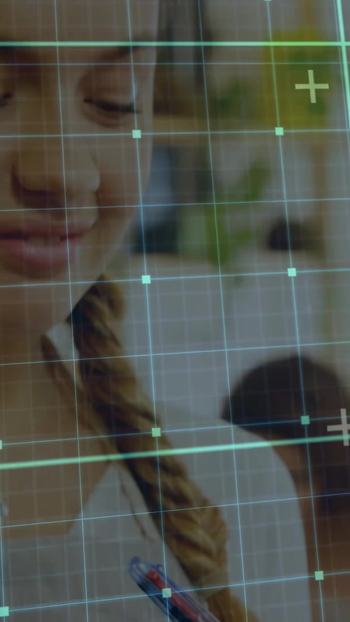 Stylus entering frame causing pullback, braided student tapping, rotating device while studying