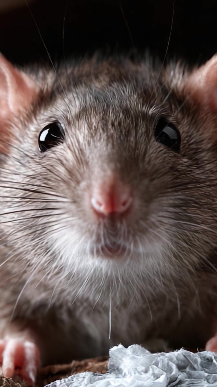 Esplorazione ravvicinata di un roditore curioso: vista dettagliata del volto di un ratto che mostra i suoi occhi luminosi e i baffi in un ambiente naturale.