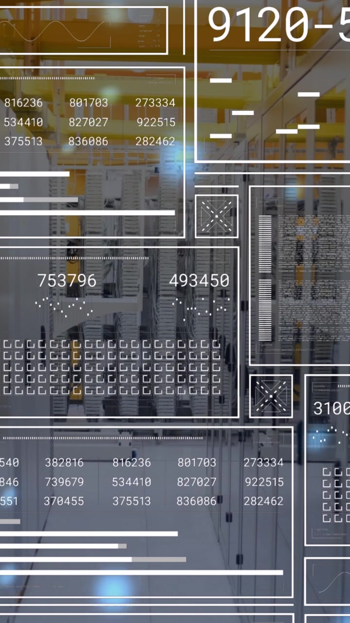 Animation of interface with data processing and blue glowing spots against computer server room