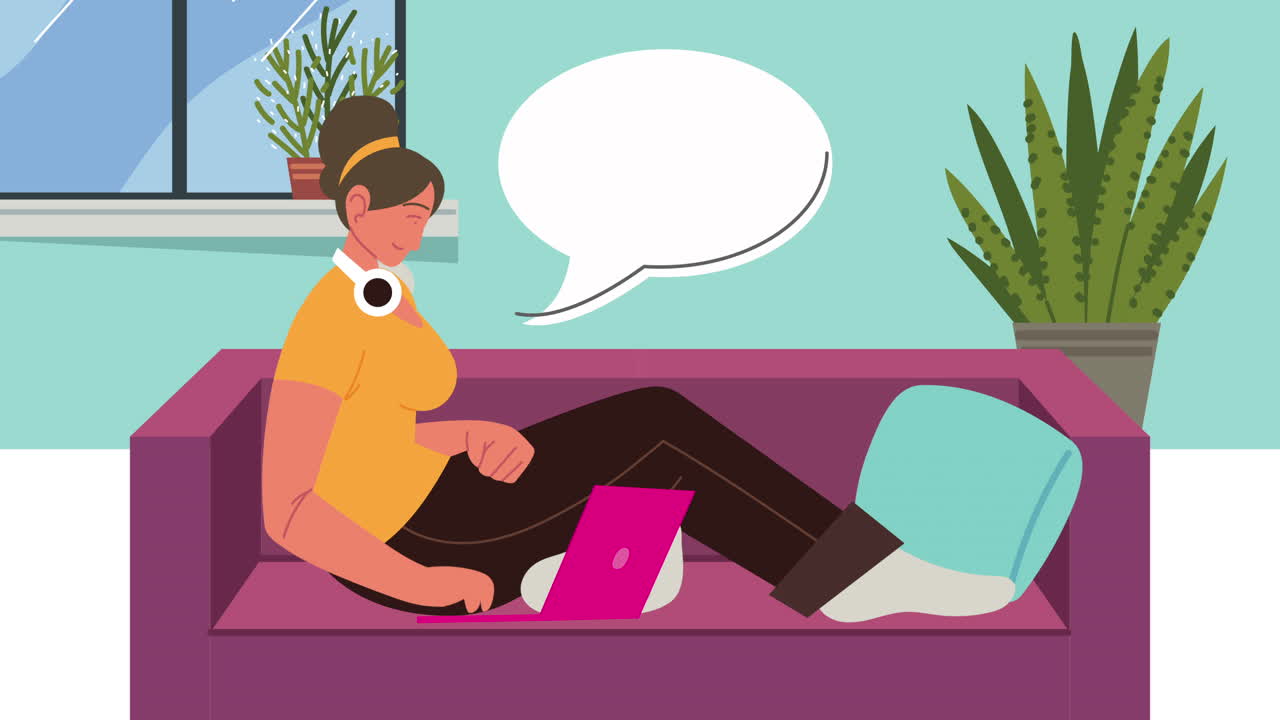 소파에서 노트북을 사용하는 젊은 여성