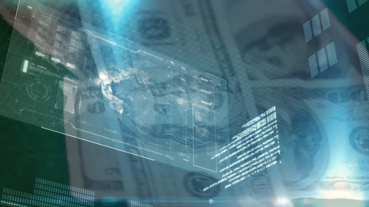 Animation of data processing over american dollar banknotes and casino playing chips
