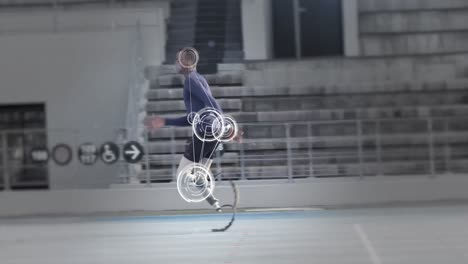 animation of mixed race male disabled athlete with prosthetic legs exercising at a sports stadium