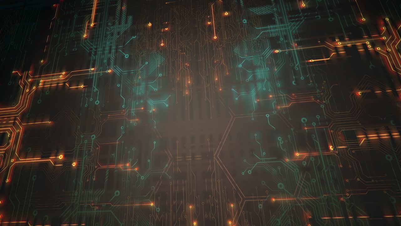 Cyberpunk animation background with computer chip with lines and grid