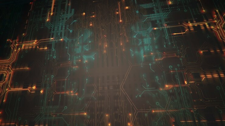 Sfondo animato cyberpunk con microchip, linee e griglia