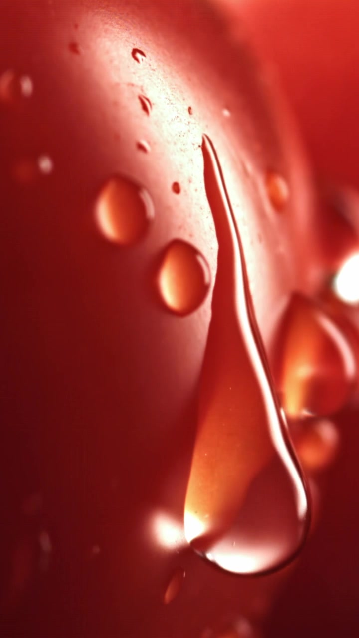 Goccia d'acqua al rallentatore che scivola su una superficie rossa vivace