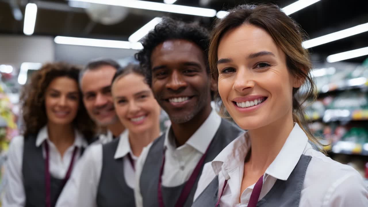Equipe dinâmica de funcionários simpáticos do varejo sorrindo juntos no corredor de uma loja moderna, mostrando união e experiência positiva de atendimento ao cliente em um ambiente de compras acolhedor