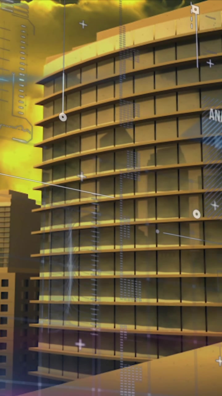 Animación de gráficos, textos y lenguaje informático sobre edificios modernos contra un cielo nublado.