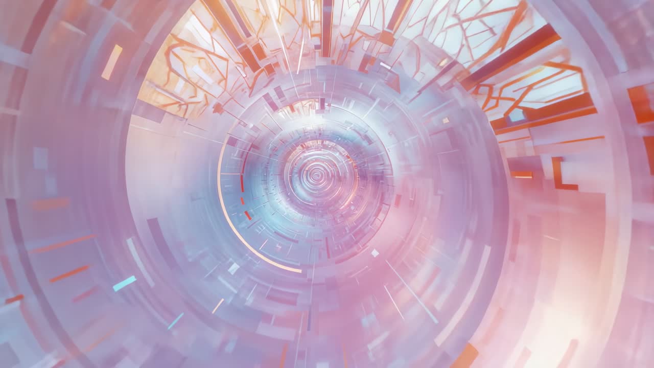 Gliding camera moving through tunnel, with rectangular panels and neon strips, rotating rings