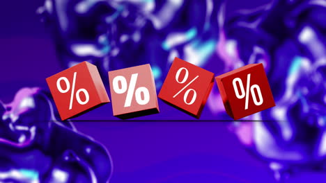 animación de símbolos de porcentaje de ventas en cubos rojos sobre fondo púrpura