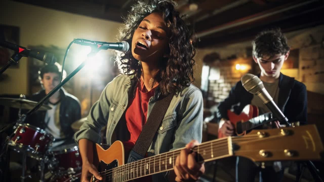 Billede af et band, der optræder i en hyggelig setting, taget i lav vinkel for at fange energien og passionen ved liveoptræden