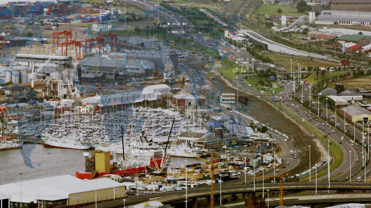 세계 지도의 애니메이션과 도시 풍경의 공중 전망에 대한 데이터 처리