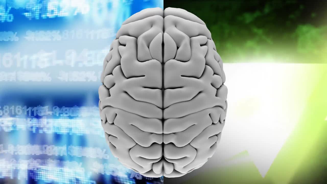 animación de una vista de ángulo alto de un cerebro contra datos financieros y efectos de luz