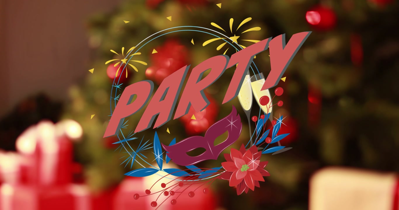 Animazione di neve che cade su un banner di testo "party" contro un albero di Natale decorativo