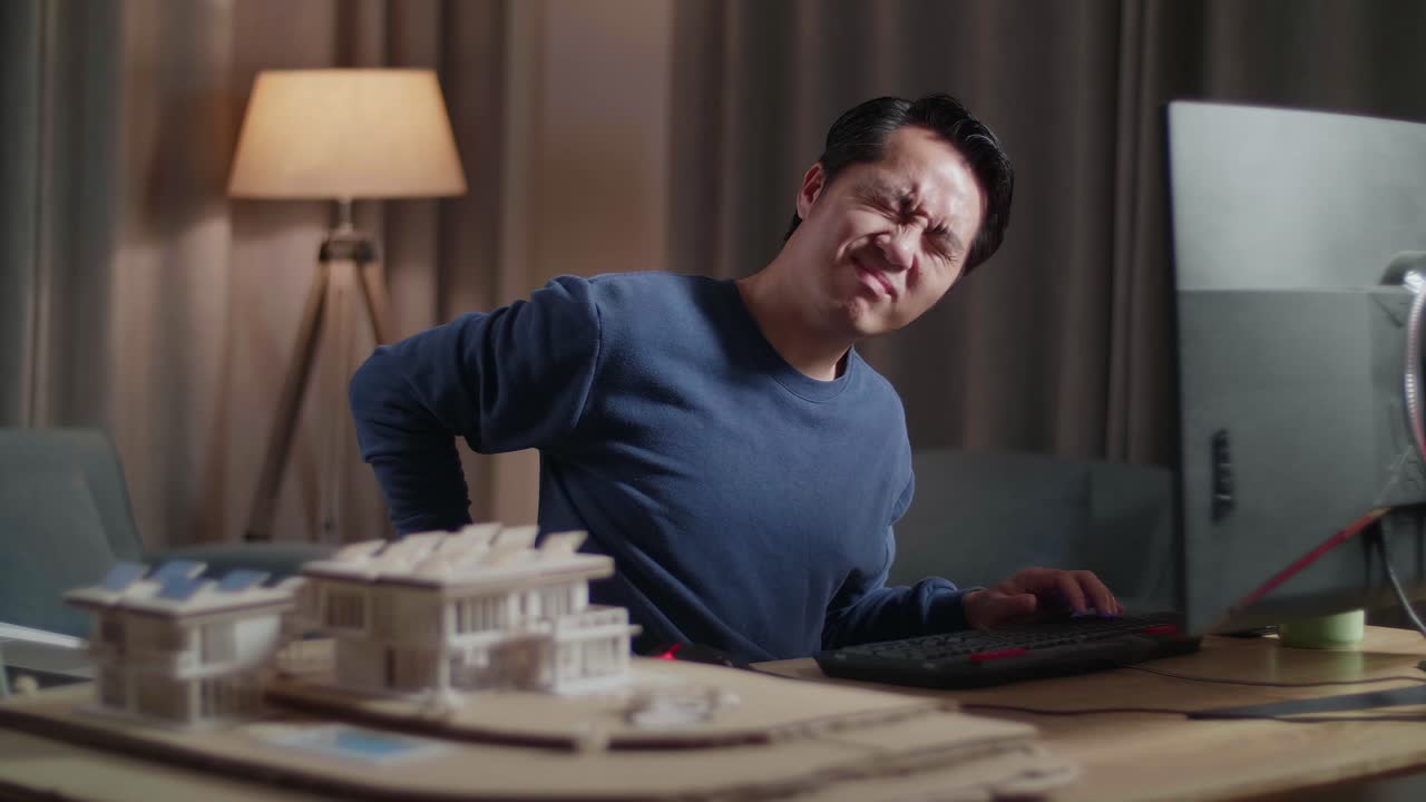 허리 통증이 있는 남자가 집에서 늦게 일하고 있습니다.