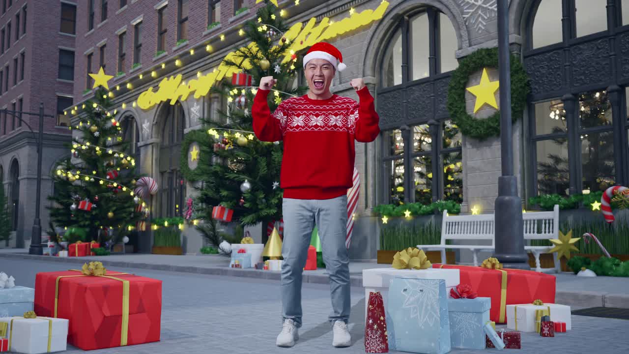 hombre emocionado celebrando navidad en la ciudad
