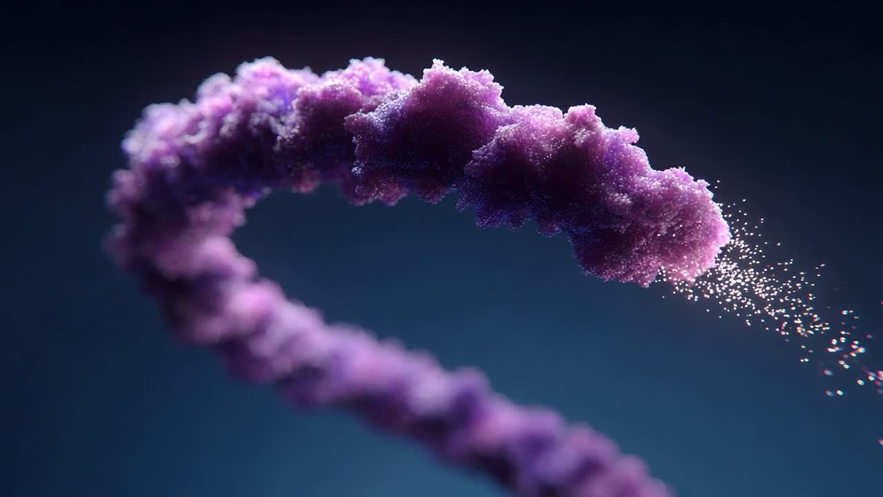 A mesmerizing visualization of swirling particles in vibrant purple hues, capturing the intricate dance of dynamic shapes and forms in a captivating abstract moment