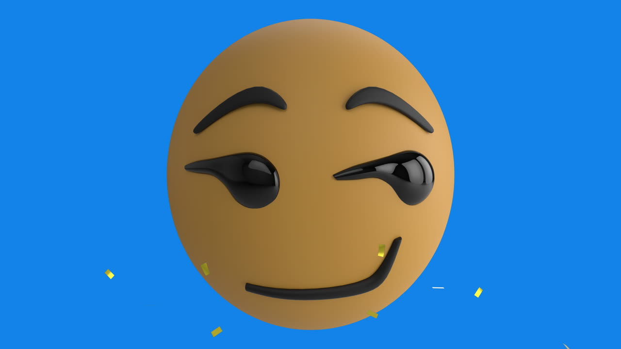 animación de confeti cayendo sobre el icono de emoji sonriente sobre un fondo azul