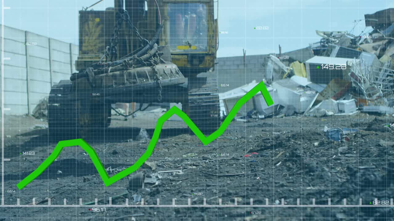 анимация обработки статистических данных по сетевой сети против магнитного крана на свалке