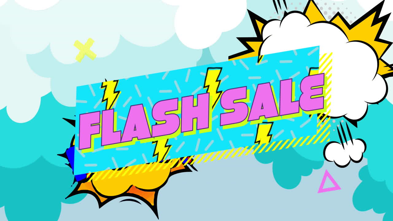 음성 거품에 텍스트와 함께 파란색 배너에 레트로 플래시 판매 텍스트의 애니메이션