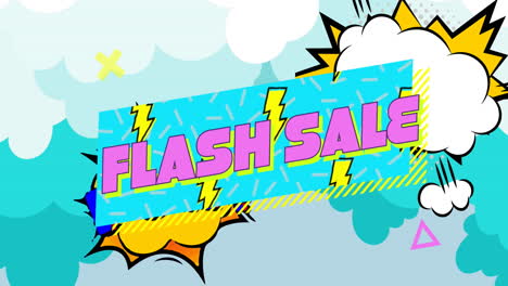 animation of retro flash sale text on blue banner with text on speech bubbles