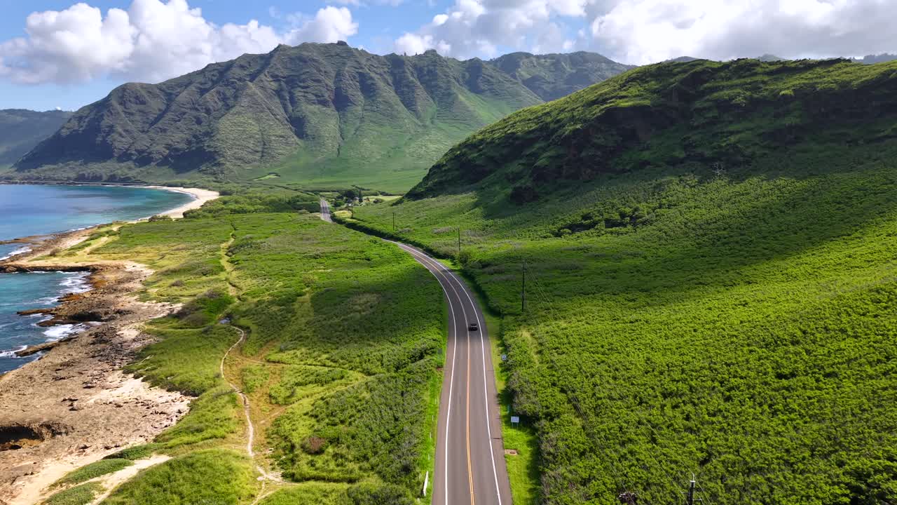 Scenic Farrington Highway along the rocky Waianae coast of Oahu, aerial