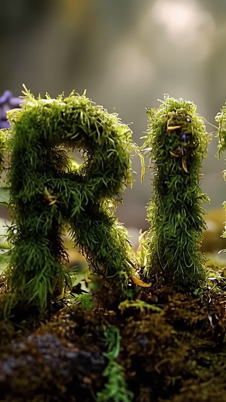 A magical display of flourishing moss-covered letters intricately entwined with delicate flowers, showcasing nature's artistry and vibrant colors in a serene woodland setting