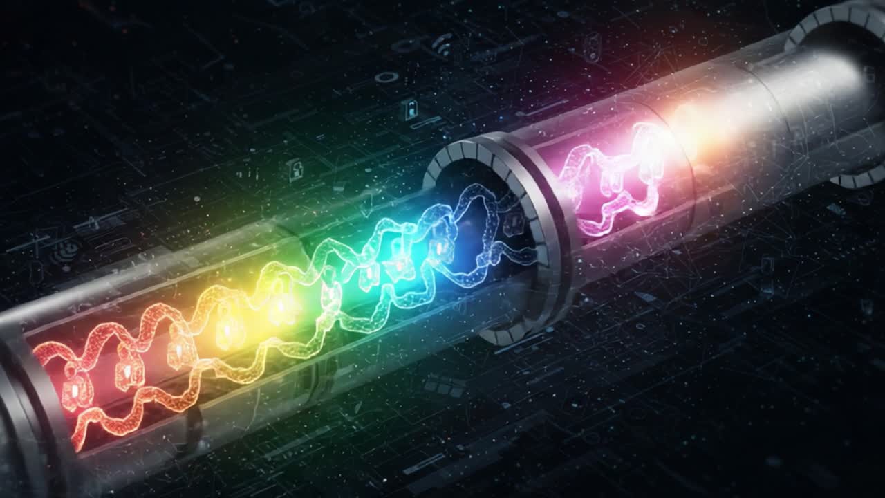 A Vibrant Display of Energy Transference in a Futuristic Pipeline Featuring Colorful Wave Patterns and Advanced Technology in Motion
