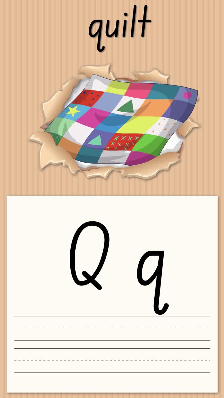 Animated lesson demonstrates writing the letter Q using a colorful patchwork quilt as visual reference