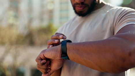 fitness, hands and man with watch for pulse