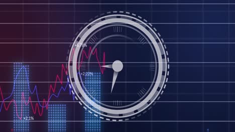 animación del reloj en el procesamiento de datos estadísticos contra un fondo de gradiente púrpura