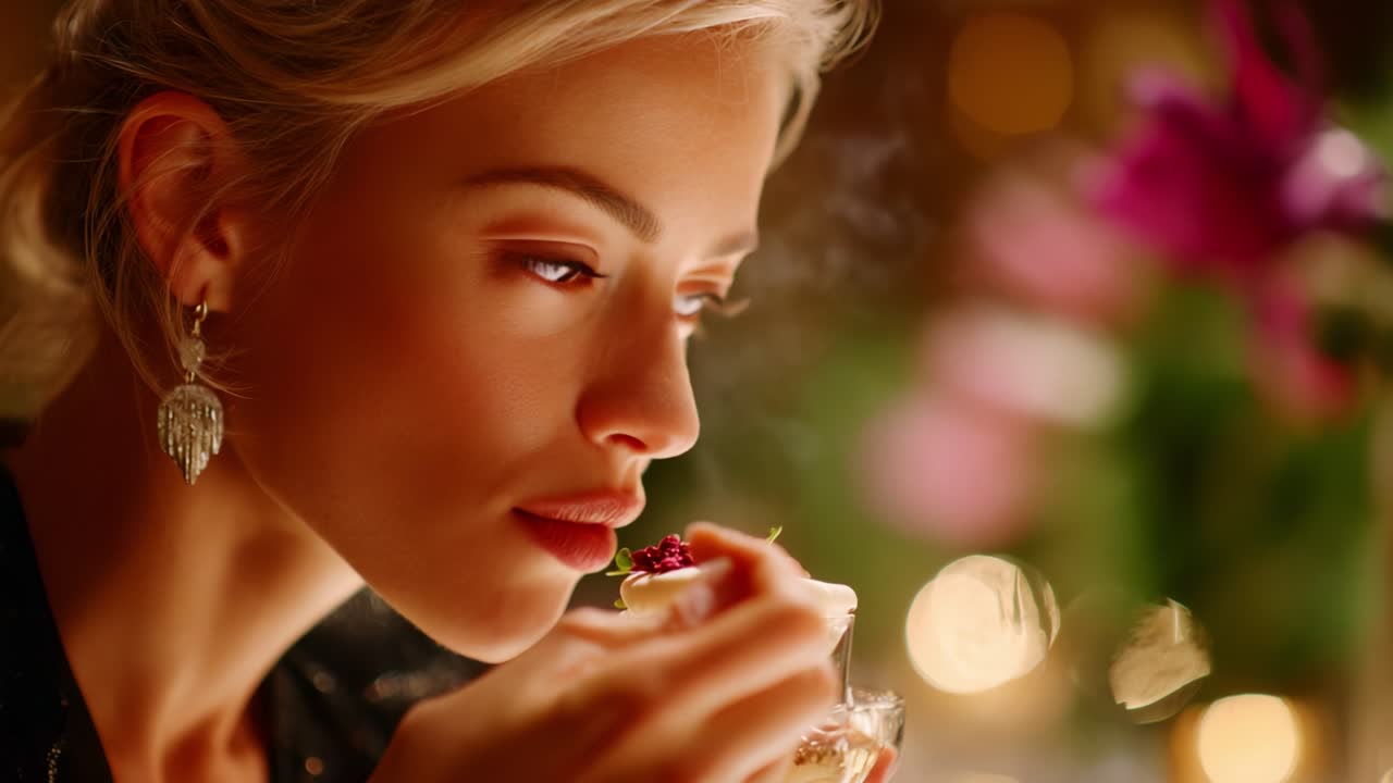 A Captivating Moment of Enjoyment: Woman Delicately Savoring Gourmet Food Amidst a Warm, Romantic Atmosphere Enhanced by Soft Lights and Beautiful Floral Accents