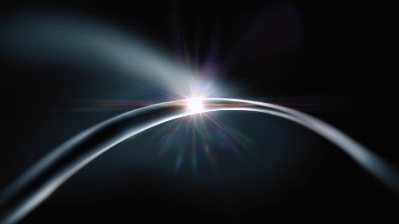 Boeiende lichtdynamiek: een verbluffende verkenning van gebogen lichtsporen die straling uitzenden tegen een donkere achtergrond met intrigerende patronen en flare-effecten