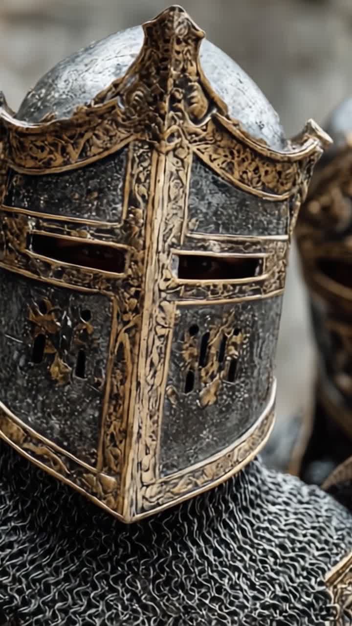 Armure médiévale finement ouvragée: Un gros plan de heaumes ornés, mettant en valeur des détails remarquables et une signification historique dans la conception de l'armure.