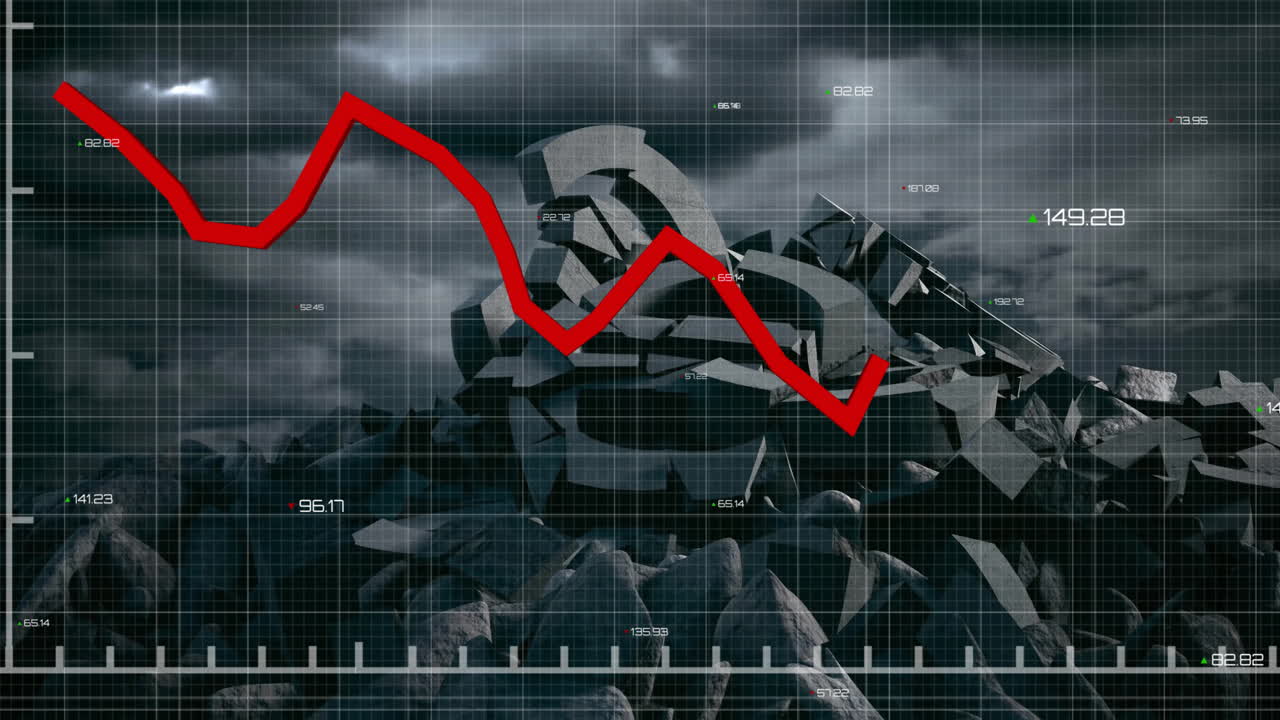 Animazione di elaborazione dati finanziari su simbolo dell'euro spezzato e cielo con nuvole