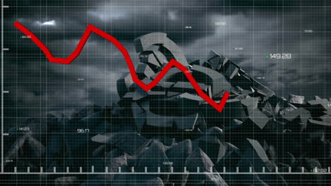 animation of financial data processing over broken euro symbol and sky with clouds