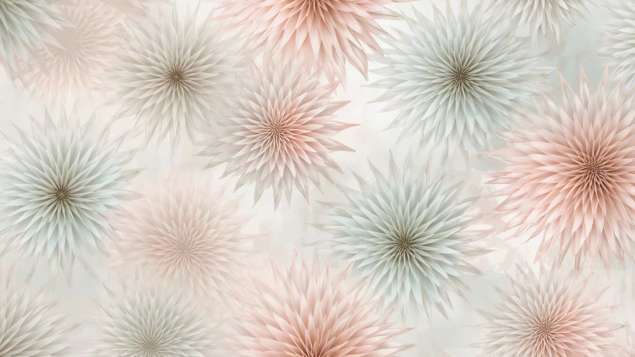 Loop starting shifting rosettes moving on wallpaper, forming calm pastel pattern with soft shadows