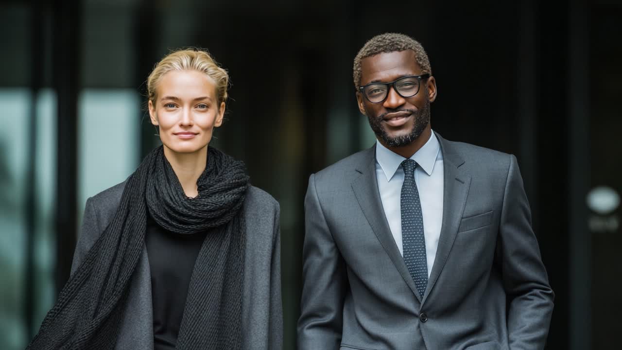Confident Professionals Walking Together Outside Modern Building, Exuding Style and Poise in Business Attire Under Natural Light, Enhanced by Their Friendly Expressions