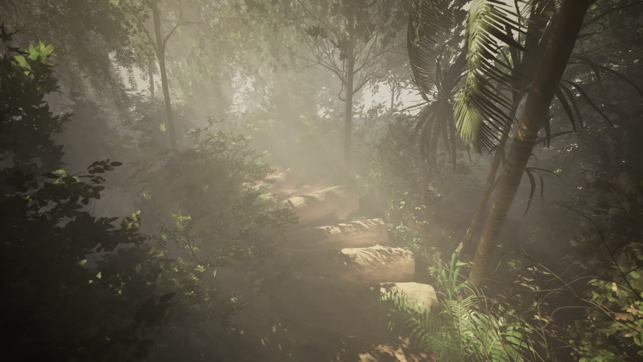 Lush forest pathway leading through misty greenery and sunlight
