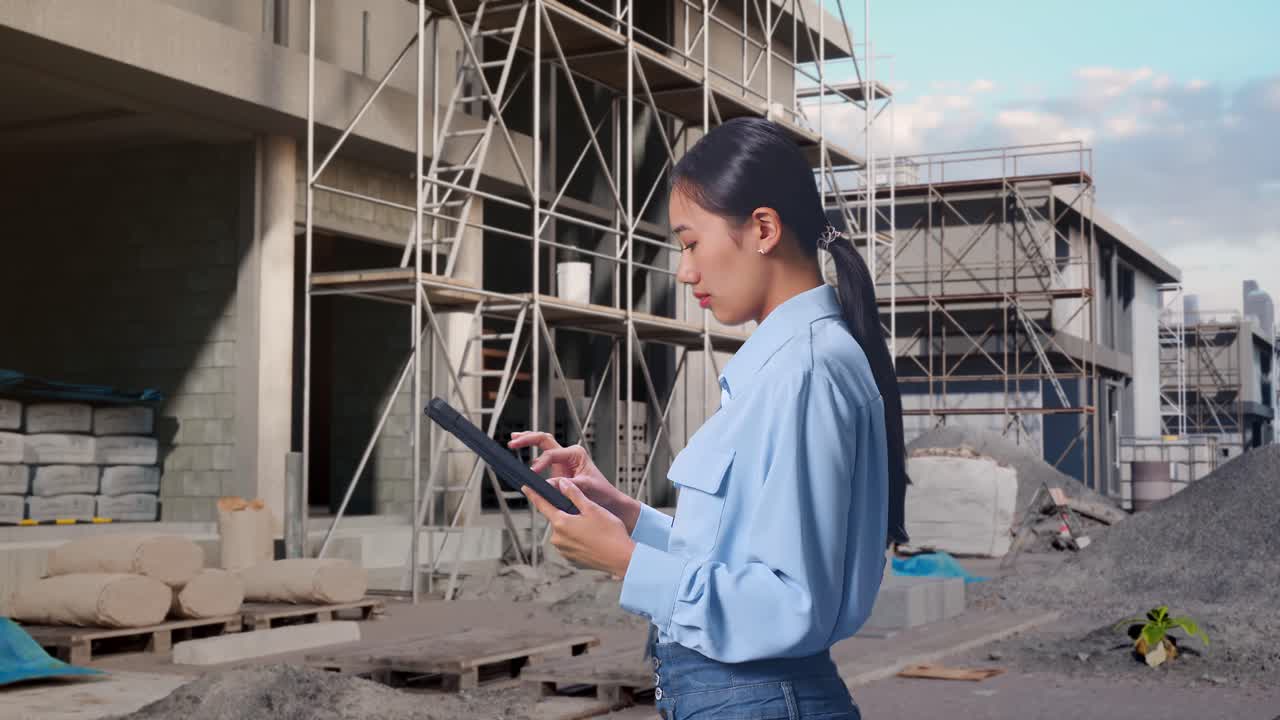 Side View Of Asian Female Professional Worker At Construction Site in Progress to New House, Observes By Looking Up Before She Come To Concentrating On The Tablet And Keep On Checking