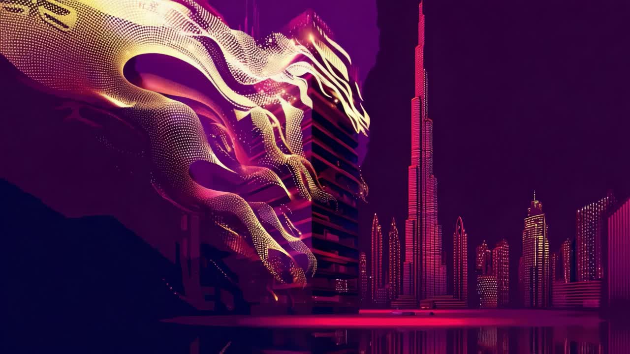 Mythical chinese dragon made of golden light particles and flowing data soaring through a futuristic city skyline with iconic skyscrapers, representing innovation and digital transformation