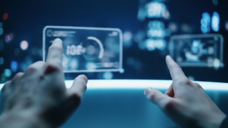 Interazione con interfaccia futuristica: mani che manipolano display olografici in un ambiente ad alta tecnologia con feedback visivo coinvolgente e analisi dei dati