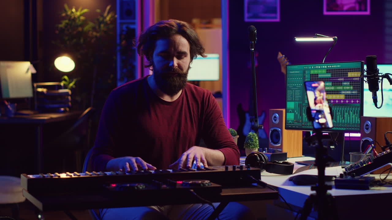 un maestro de piano profesional capacitado lleva a cabo una clase magistral en línea a través de una lección de video