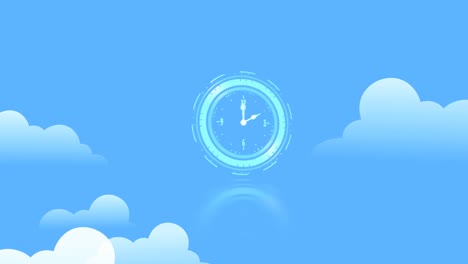 animation of clock moving over clouds and blue background