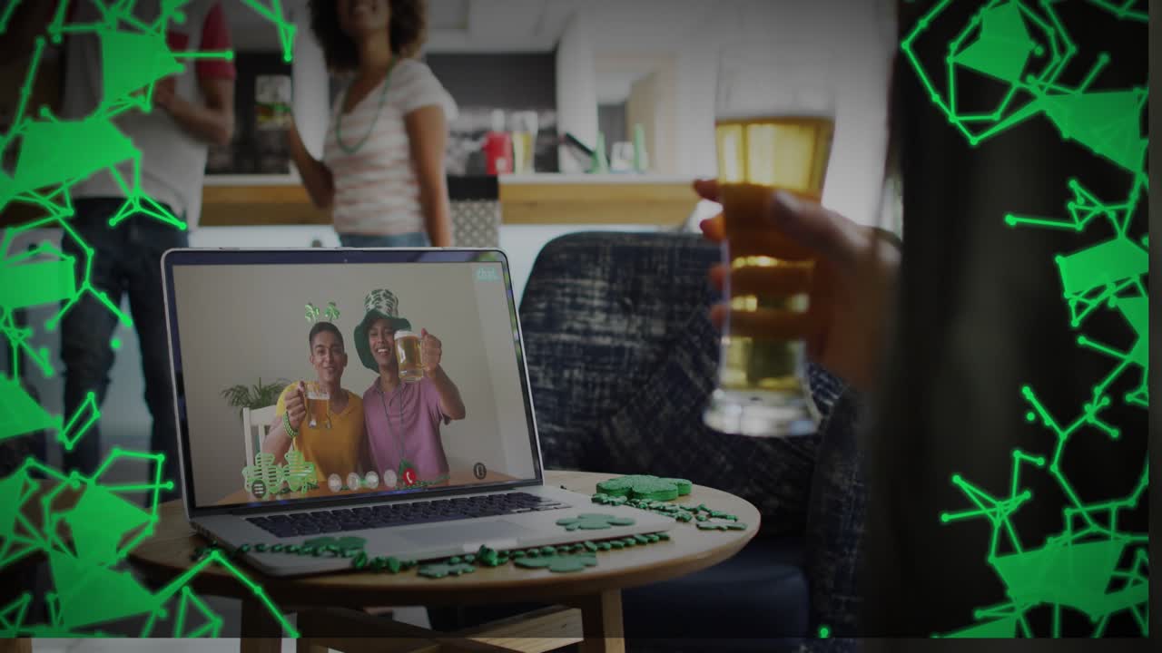 Laptop callers raising drinks for social cheers, sparking green room overlay, friends toasting