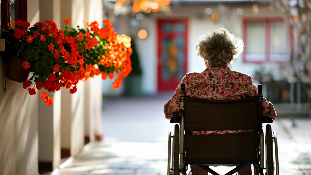 Vista posteriore di donna anziana in sedia a rotelle in un corridoio esterno. Vista posteriore di donna anziana con capelli grigi in sedia a rotelle che guarda verso un cortile sfocato con porta rossa e fiori.