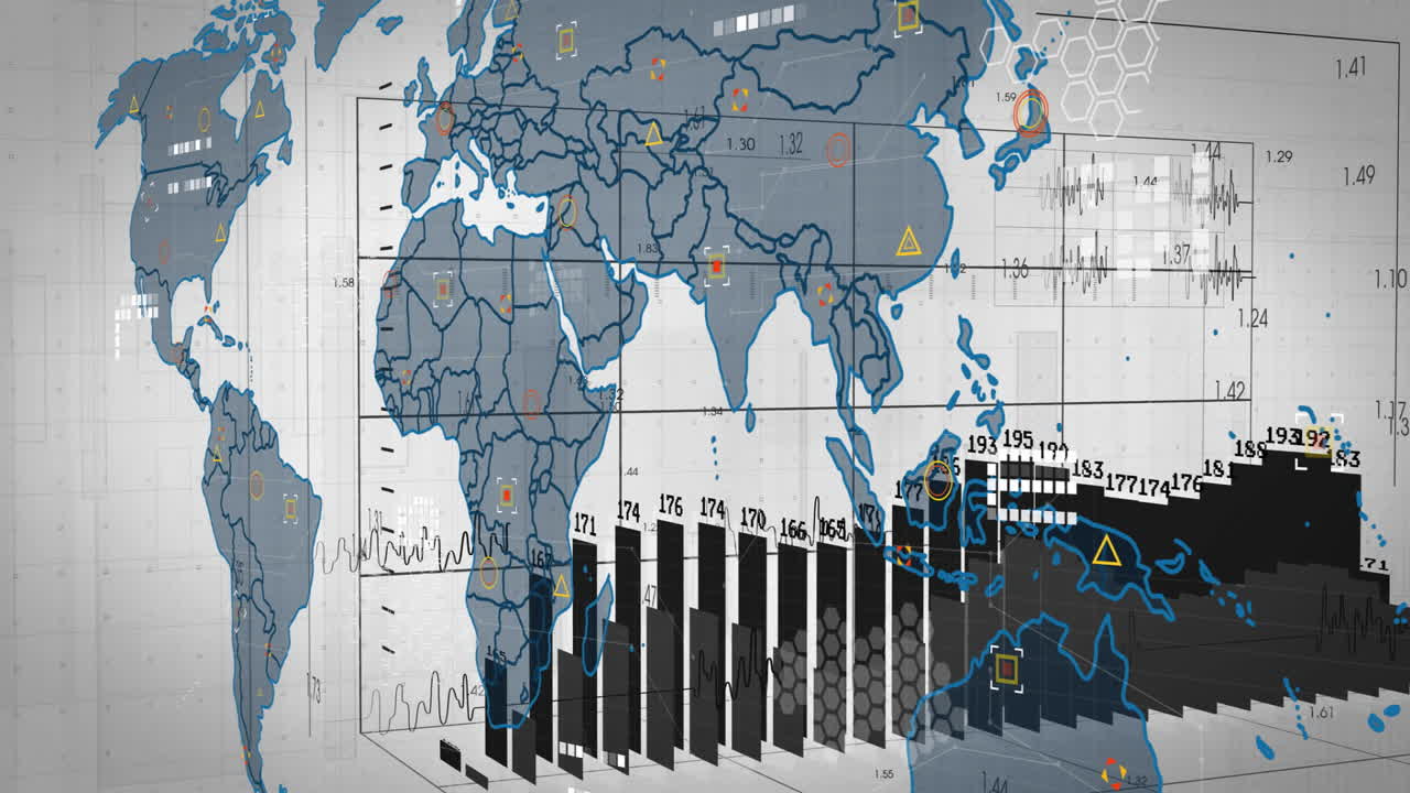 Illustrating global statistics, animation of world map with data charts ...