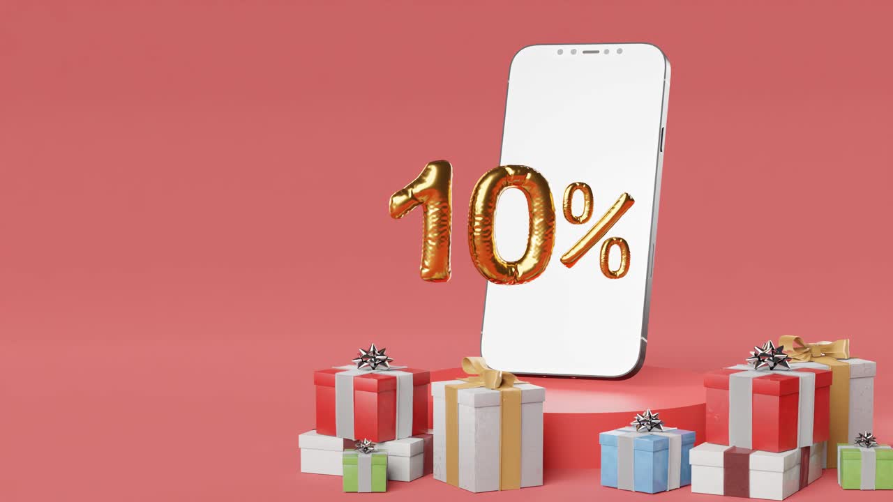 teléfono inteligente que muestra un 10 % dorado junto a cajas de regalos variadas sobre fondo rojo