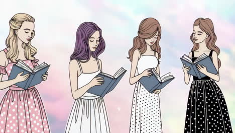 four animated women reading books