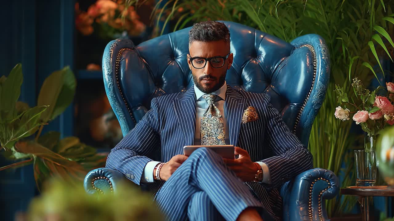 A Sophisticated Gentleman in Striped Suit Relaxing in a Luxurious Blue Armchair Surrounded by Elegant Plants and Florals, Engrossed in an Interesting Tablet Activity