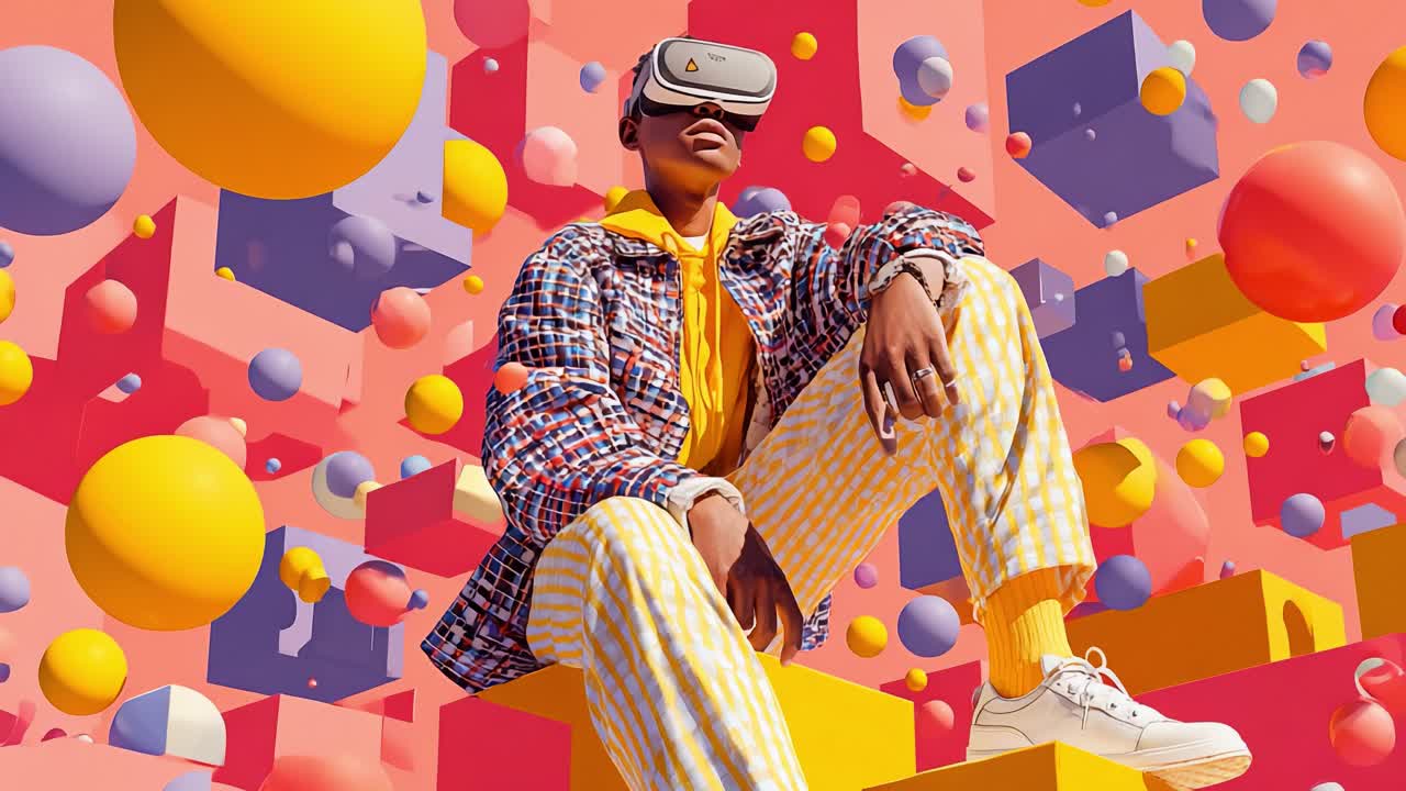 A Modern Vision of Reality: A Person Wears a Virtual Reality Headset Amidst a Vibrant Abstract Environment Filled with Geometric Structures and Colorful Spheres, Exploring the Future of Digital Interaction
